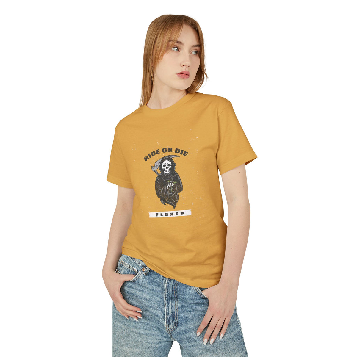 Fluxed Skull Tee — 'Ride or Die' Vintage Reaper Graphic T-Shirt